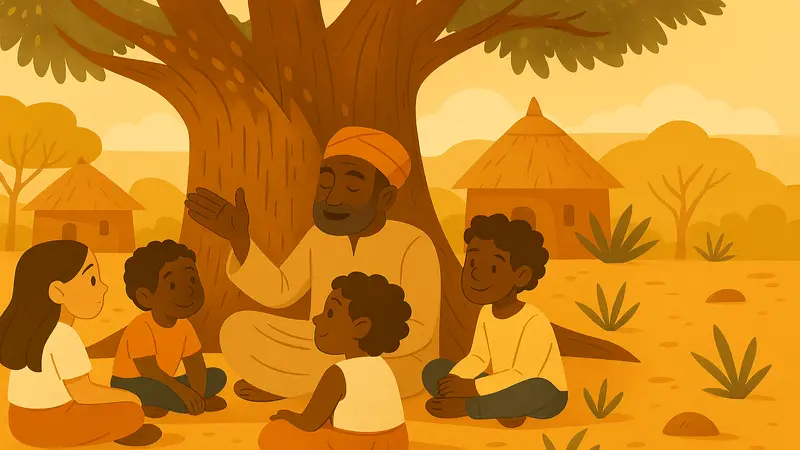 Un conteur assis sous un arbre, entouré de quatre enfants attentifs, dans un village traditionnel – Illustration du projet Conte-moi dédié à la sauvegarde des contes francophones et du patrimoine oral.