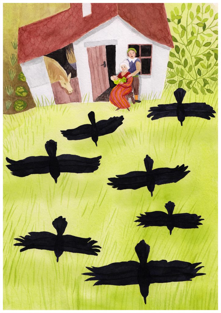 Illustration du conte traditionnel francophone les sept corbeaux – conte réécrit en Français Illustré par vérane cottin