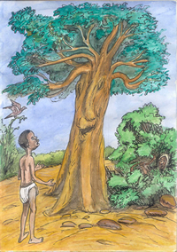 Illustration du conte traditionnel francophone l'orphelin et les méchants villageois – conte du Mali Illustré par Yacouba Diarra