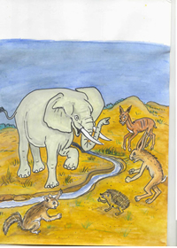 Illustration du conte traditionnel francophone l'éléphant et le hérisson – conte du Mali Illustré par Yacouba Diarra