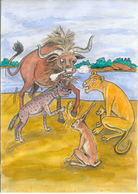 Illustration du conte traditionnel francophone comment le lion devint roi – conte du Mali Illustré par Yacouba Diarra