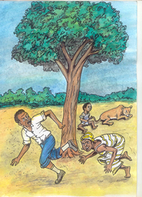 Illustration du conte traditionnel francophone le jeune homme et le lion - conte de la mauritanie Illustré par Yacouba Diarra
