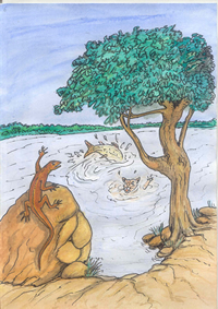 Illustration du conte traditionnel francophone le chat et le petit lézard – conte de la Mauritanie Illustré par Yacouba Diarra