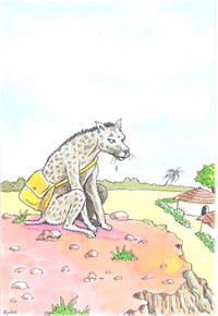 Illustration du conte traditionnel francophone l'hyène et l'aveugle – conte du Sénégal Illustré par Malang Sène